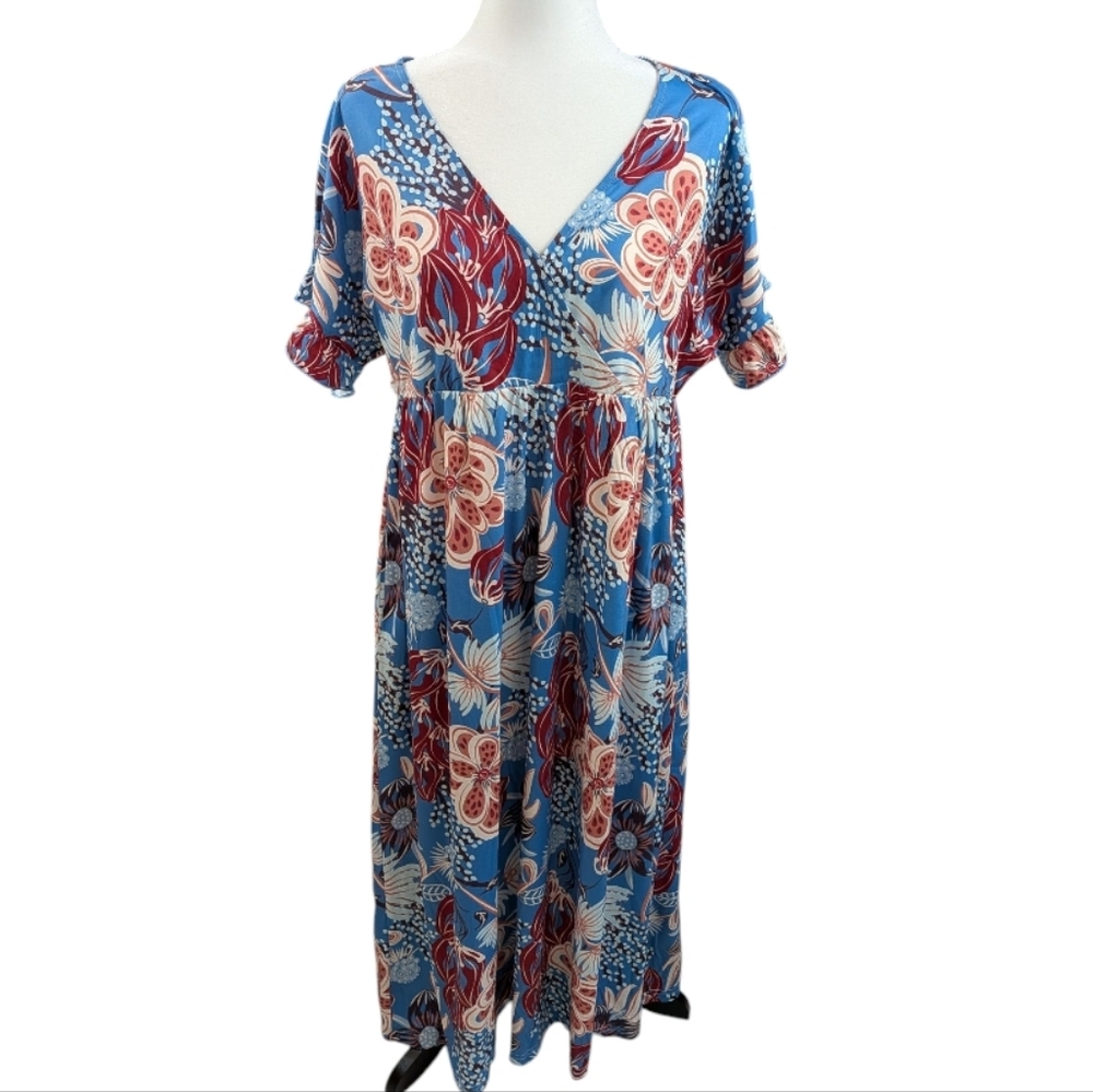Suzanne Betro Blue and Red Floral Maxi Dress SZ 1X NWT